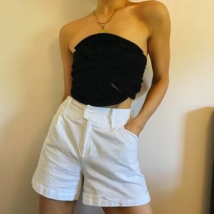 Black Linen Asymmetric Strapless Crop Top